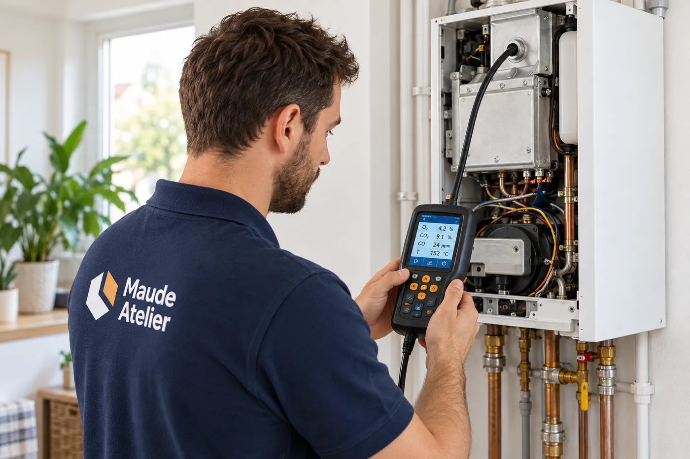 Chauffagiste en polo Maude Atelier contrôlant une chaudière gaz murale à l'analyseur de combustion à Carrières-sous-Poissy